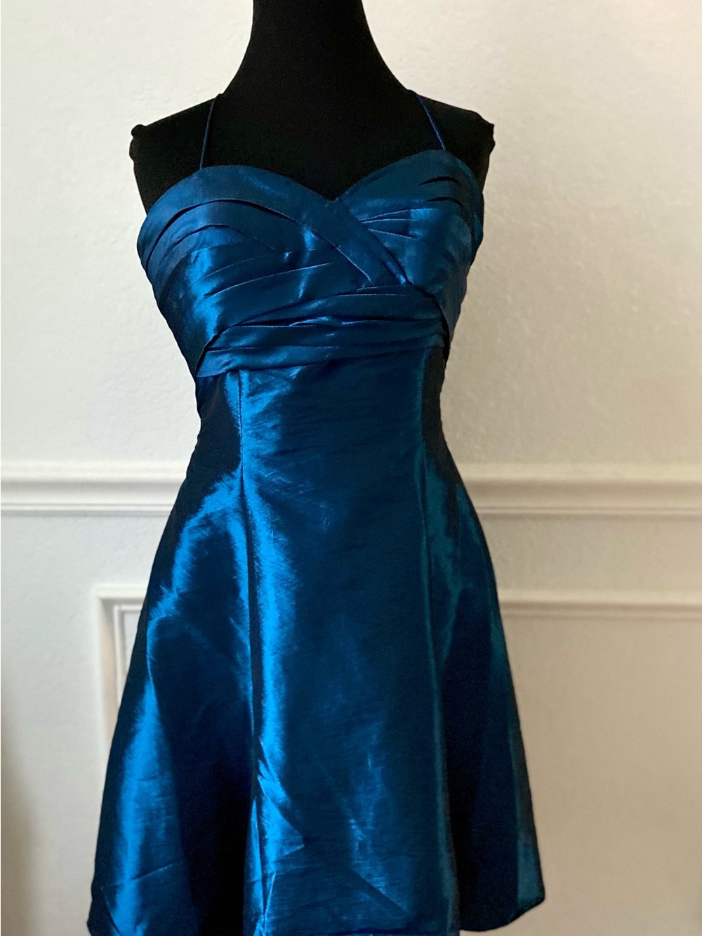 Satin Teal Spaghetti-Strap A-Line Dress, Guest at wedding dress, homecoming dres